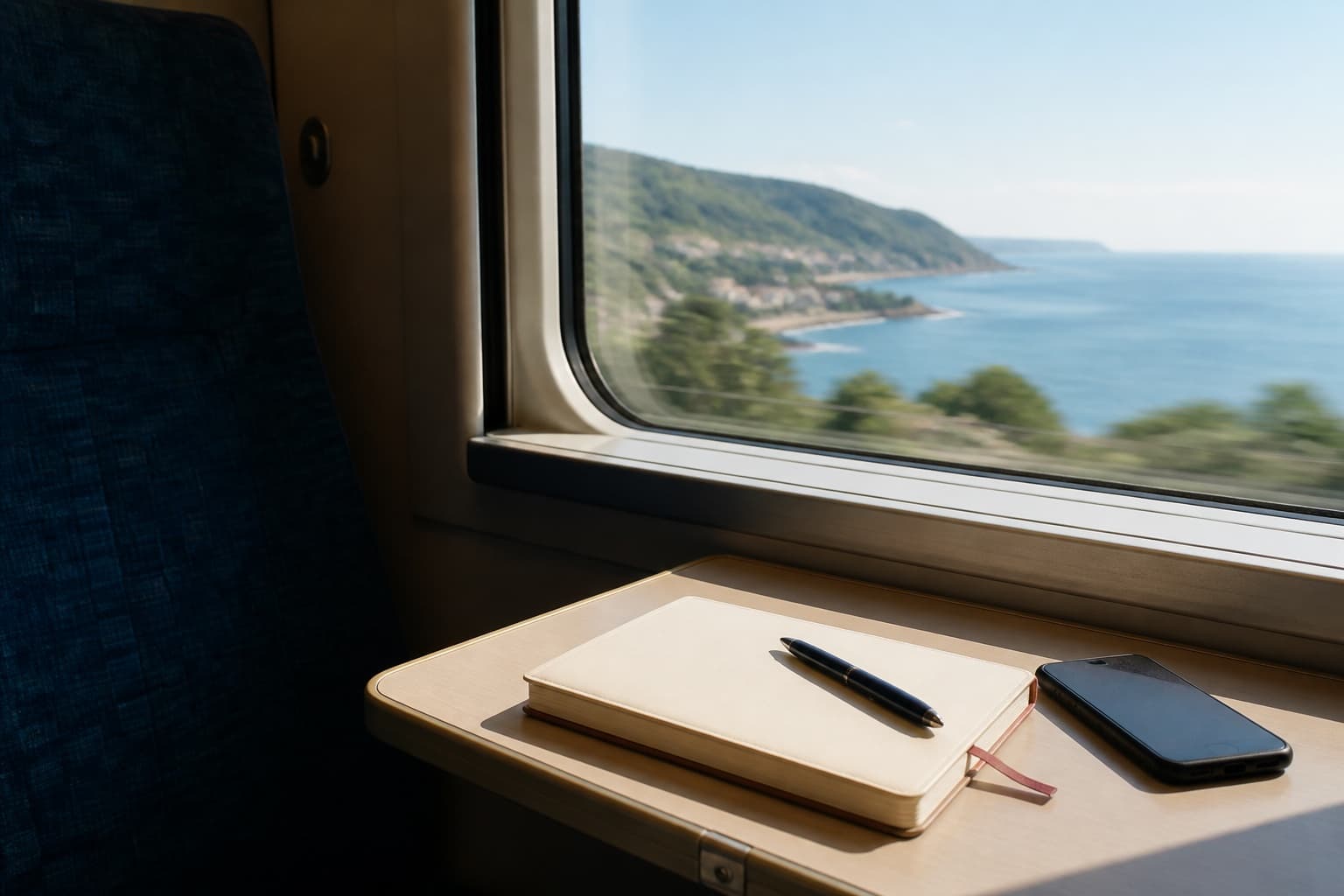 列車の窓辺に置かれた学習ノートと海の風景